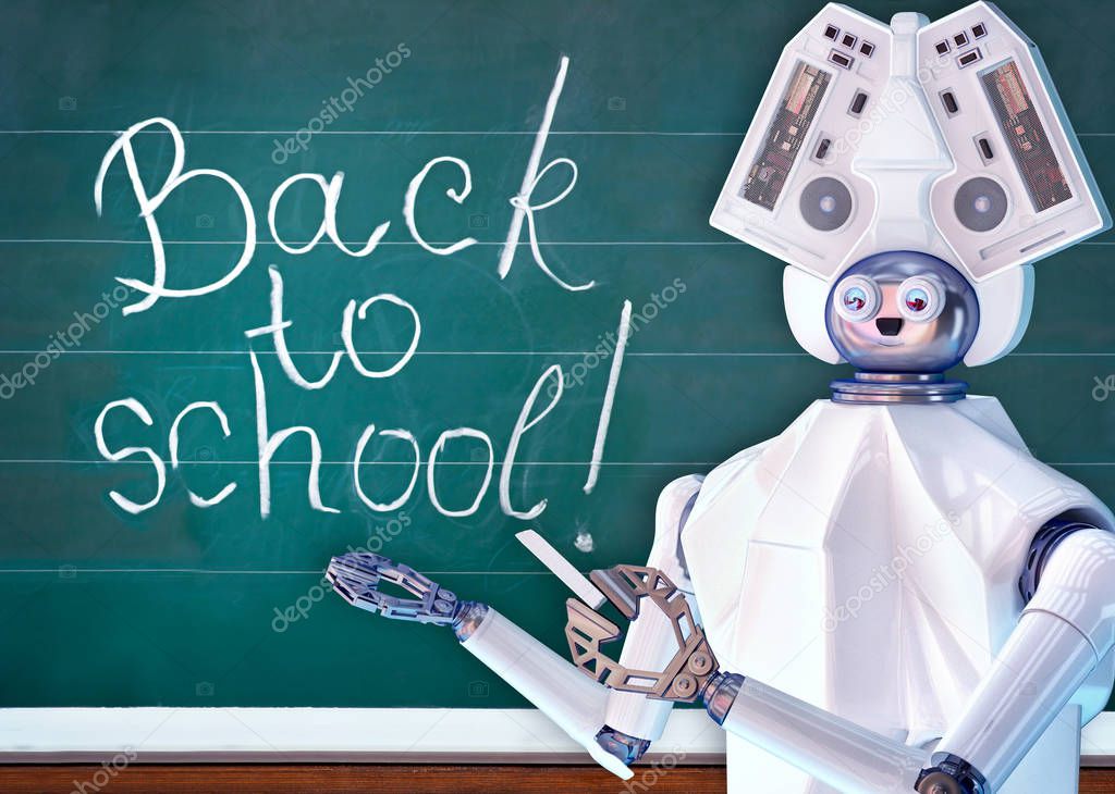 Teacher robot with artificial intelligence in school class blackboard.