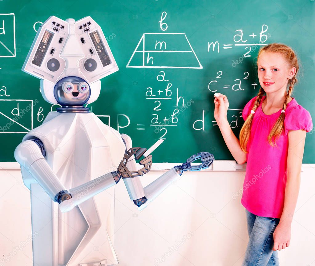 School child and ai android robot writting on blackboard in classroom.