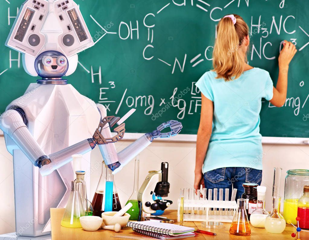 Girl has interactive online learning chemistry and biology course.