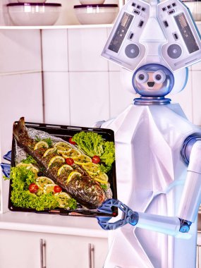 Robot yerli yardım deniz ürünleri cook balık.
