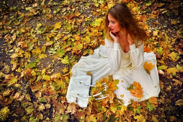 Autumn fashion dress woman sitting fall leaves city park outdoor. — Stock Photo, Image