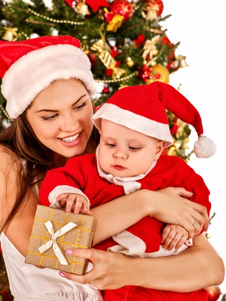 Happy Christmas family mother and son open gift box. — Stock Photo, Image