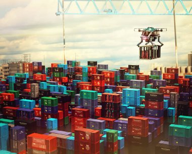 Drone cargo with container freight above city futuristic depot. clipart