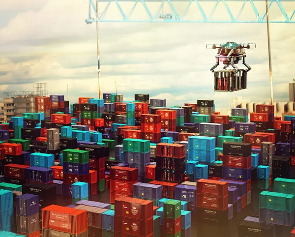 Drone cargo with container freight above city futuristic depot.