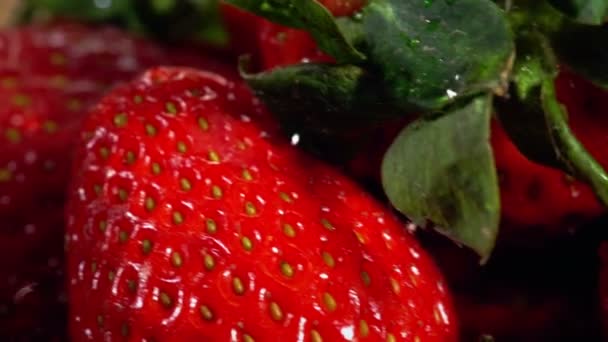 수평 운동으로 방울 비 아래 딸기 클로즈업 . — 비디오