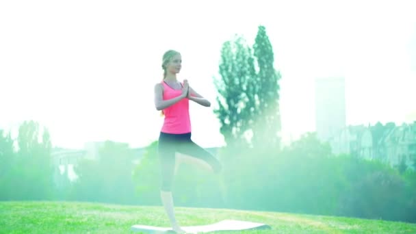 Ragazza che fa yoga park. Mattina sole saluto sole in piedi posa — Video Stock