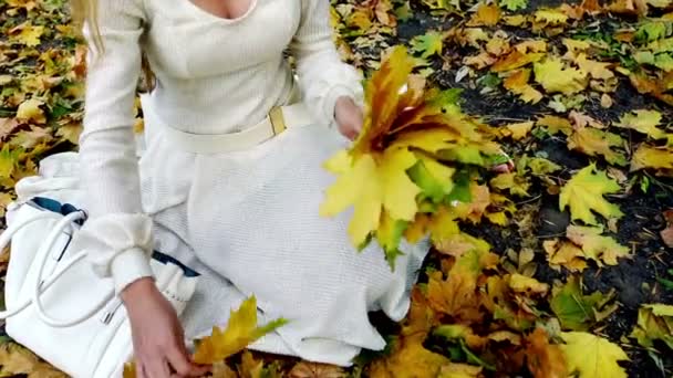 ファッションとライフスタイルの歌詞スタイルで秋の認識できない女の子. — ストック動画