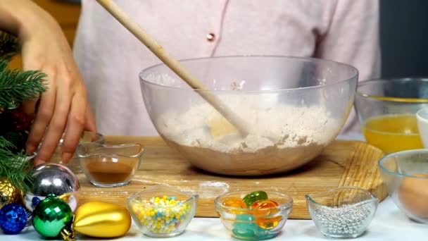 Kerst gingersnap met vrouwelijke handen. Vrouw die deeg kneedt — Stockvideo