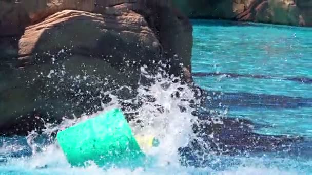 Slow motion child having fun aqua park with water slide — Stock Video