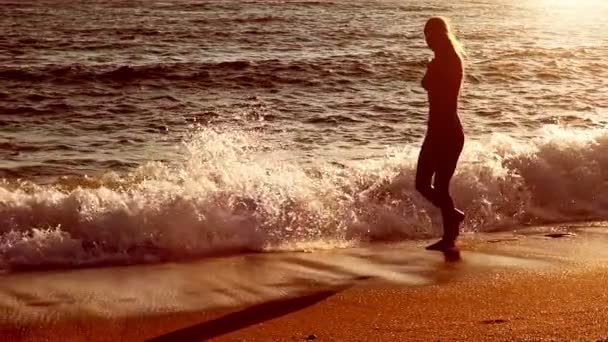 Медленное движение сепия гуляет по утрам по пляжам морской песок — стоковое видео
