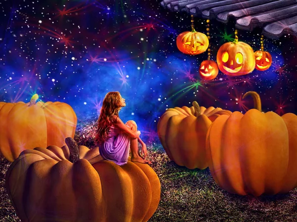 Kid on pumkin in halloween night dreems fall harvest holiday — Stock Photo, Image