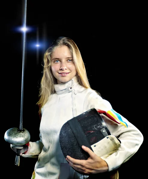 Fencing girl holding weapon and mask — Stock Photo, Image