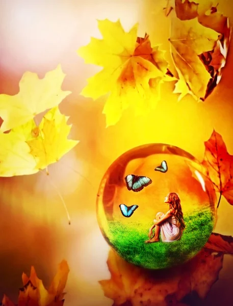 아동 예술의 주기이다. 안녕 가을 작별 인사 개념. — 스톡 사진