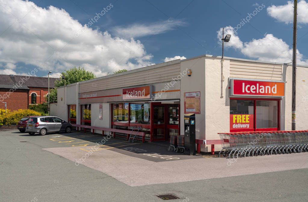OSWESTRY, SHROPSHIRE, UK - MAY 15, 2018: Exterior of Iceland frozen food supermarket in Oswestry, Shropshire