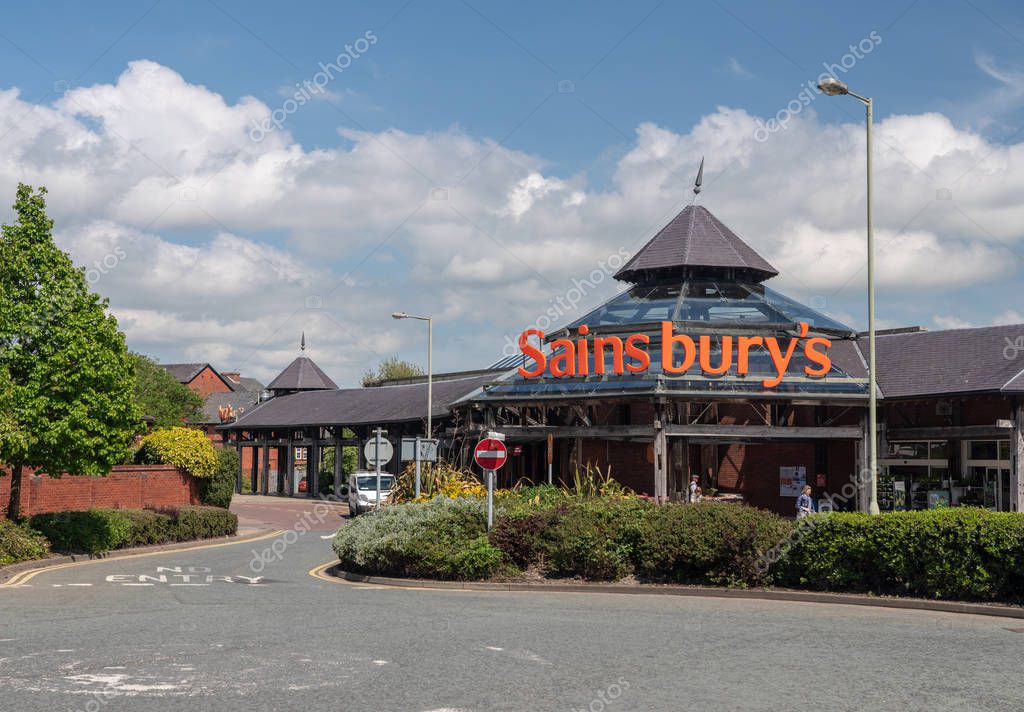 OSWESTRY, SHROPSHIRE, UK - MAY 15, 2018: Exterior of Sainsburys grocery supermarket in Oswestry, Shropshire