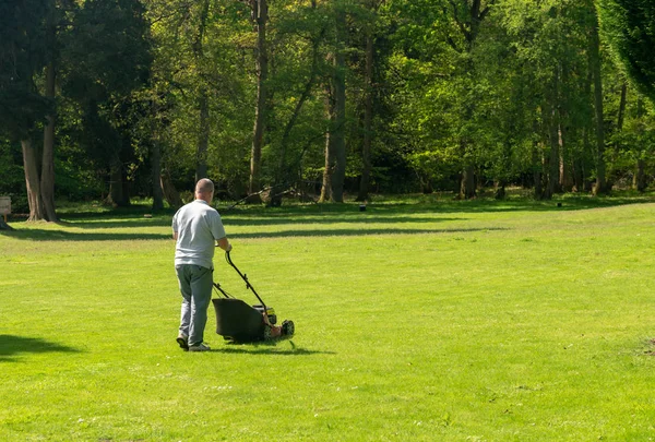 Man maaien een groot grasveld met bomen in de achtergrond — Stockfoto