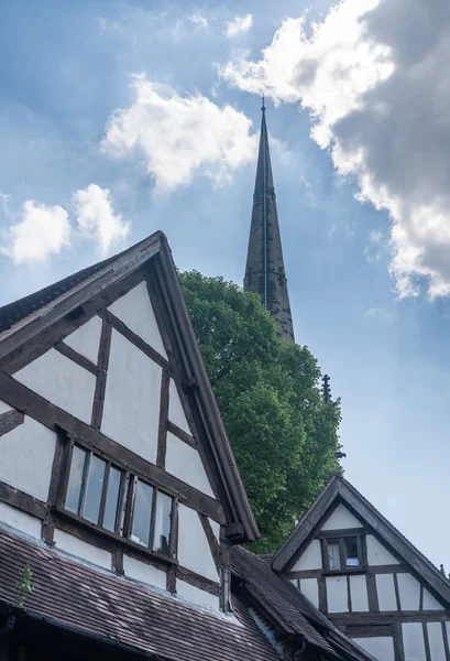 Church spire over homes in Shrewsbury, Shropshire