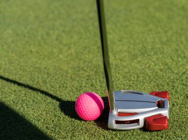 Pembe golf topu ve yeşil koyarak kenarına atıcı