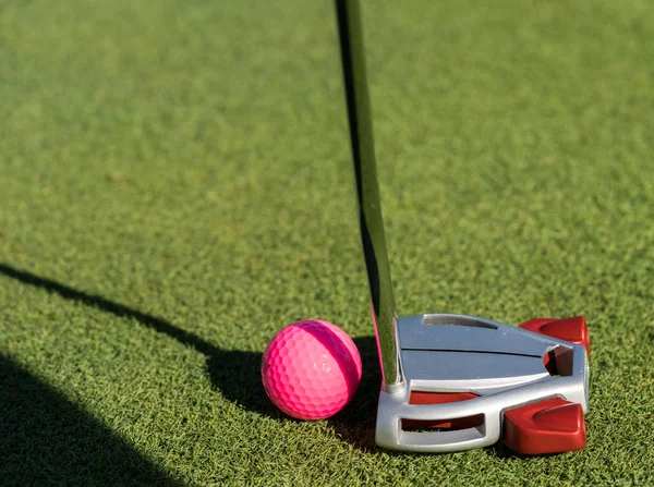 Рожевий м'яч для гольфу і пляшка на краю покладання зеленого — стокове фото