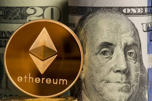 Single Ethereum coin in front of bank rolls of US currency — Stock Photo, Image