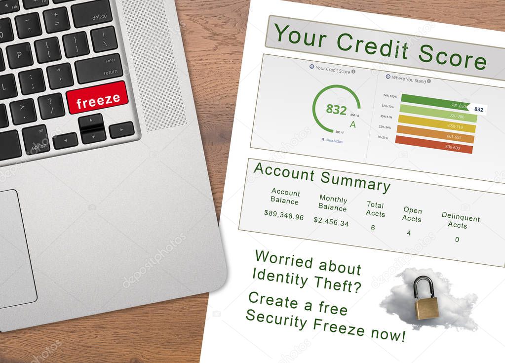 Laptop with the word Freeze on key with credit report