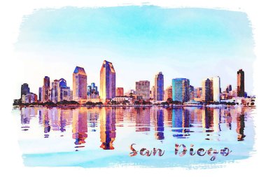 San Diego Skyline fotoğrafı üzerinden suluboya resim üzerinden Coronado gün batımında