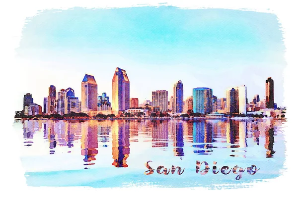 Watercolor painting from photograph of San Diego Skyline at sunset from Coronado — Stock Photo, Image