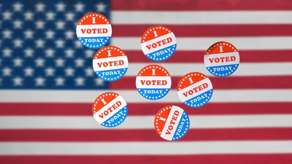 Many I Voted Today paper stickers in front of US Flag in background — Stock Photo, Image