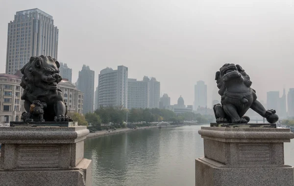 Détail de la sculpture du lion sur le pont au-dessus de RIver Haihe à Tianjin — Photo