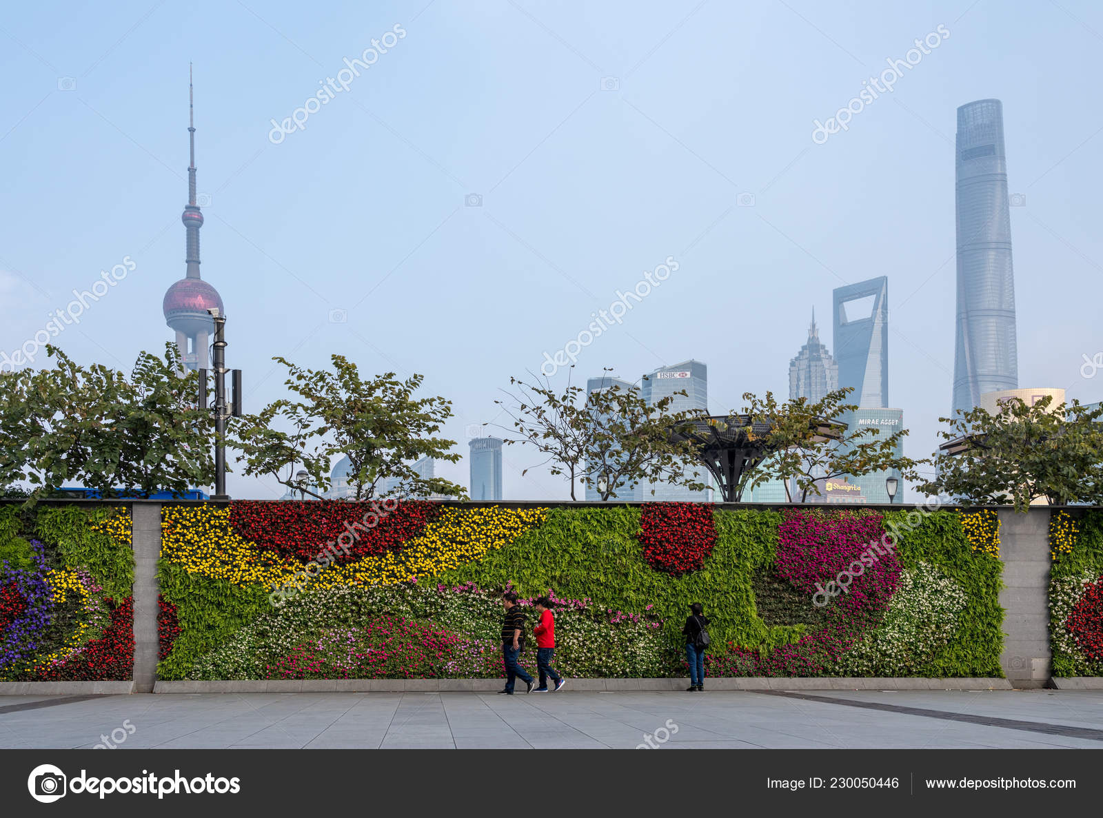 Floral Wall Garden With Downtown Shanghai Skyline Stock