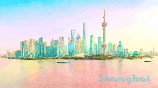 Aquarell der Skyline der Stadt Shanghai bei Sonnenuntergang — Stockfoto