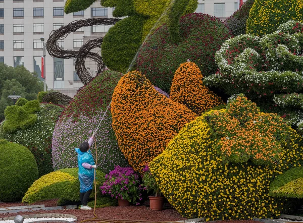 上海ではナショナルデーの花表示に水をまく — ストック写真