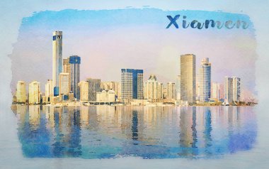 Su renk yansımaları ile Xiamen şehir silueti