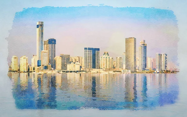 Water color of skyline of the city of Xiamen with reflections — Stock Photo, Image