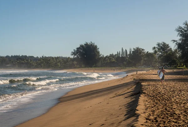 Homem carregando prancha de surf para o oceano na praia de Hanalei arenosa — Fotografia de Stock