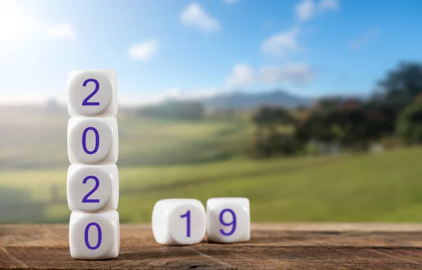 Blocchi ortografia 2020 su tavolo in legno con paesaggio illuminato dal sole sullo sfondo — Foto Stock