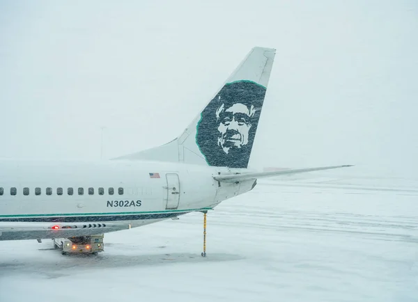 Самолёты выстроились у самолетов во время снежной бури в Денвере — стоковое фото