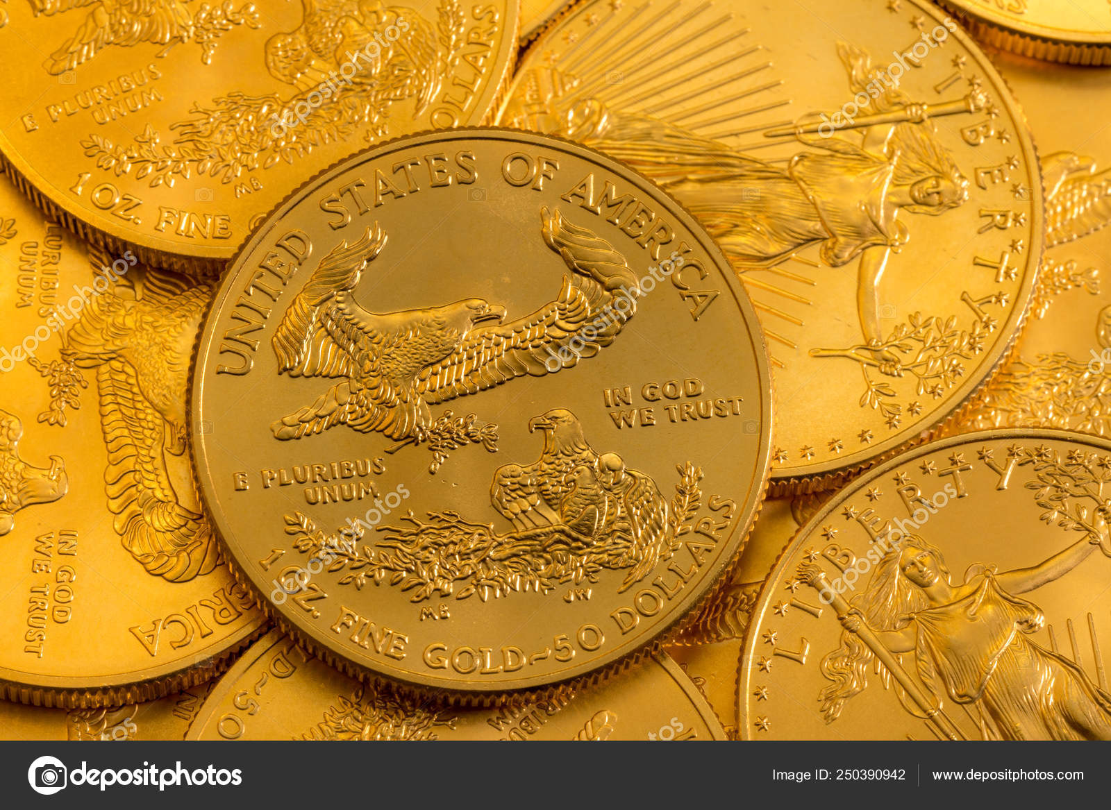 Pile of US Treasury Gold Eagle one ounce coins — Stock Photo