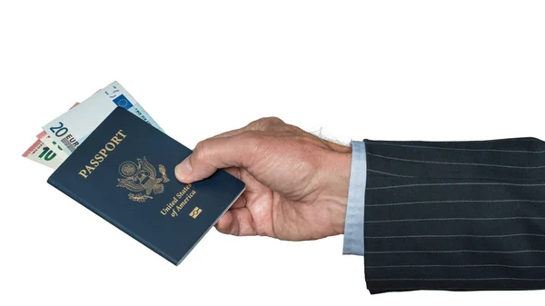 Senior caucasian hand holding US passport with Euros — Stock Photo, Image