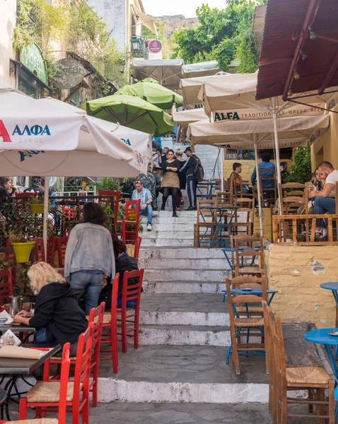 Tavernas in ancient residential district of Plaka in Athens Greece — Stock Photo, Image