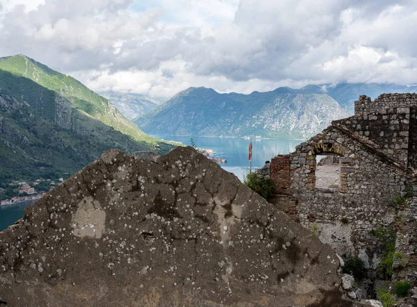 Kotor Fortress on mountainside above old town in Montenegro Stock Image