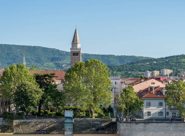 Slovenya 'daki eski Koper kasabasının üzerinde kilise kulesi yükseliyor — Stok fotoğraf
