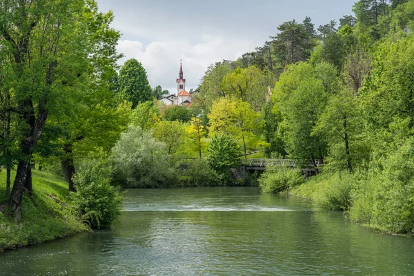 Nyugodt, békés folyó a parkban a szlovéniai Postojna barlangrendszer közelében — Stock Fotó