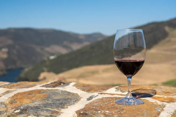 Verre de vin rouge au-dessus de la vallée du Douro au Portugal — Photo