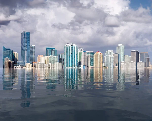 Miami skyline concetto di innalzamento del livello del mare e inondazioni da riscaldamento globale — Foto Stock