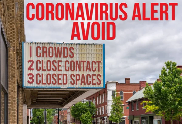 Panou de cinema de film cu evitarea epidemiei de coronavirus sau Covid-19 prin evitarea mulțimilor, a contactului apropiat și a spațiilor închise — Fotografie, imagine de stoc