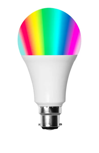 Isolated smart multi-colour LED bulb with bayonet connector for UK style lamps — Stock Photo, Image