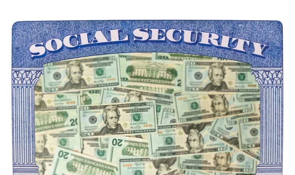 Many US dollar bills or notes inside Social Security framework as concept for funding crisis — Stock Photo, Image