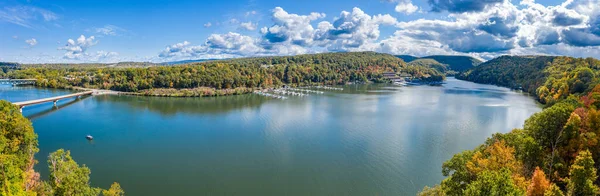 Aerial panorama of fall colors on Cheat Lake Morgantown, WV — Stock Photo, Image