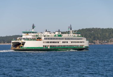Anacortes, WA - 23 Ağustos 2025: Anacortes yakınlarındaki San Juan Adaları arasında yelken açan Washington State Ferry Chelan